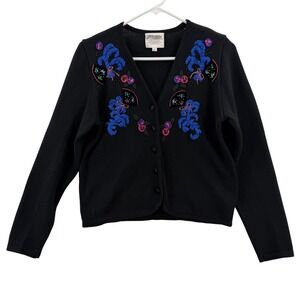 Vintage Susan Bristol Sweater Womens Petite P Black Embroidered Cardigan 90s